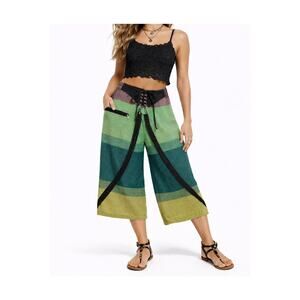 Vintage Cotton Nepal Wide Leg Wrap Crop Lace Up Pants Hippie Boho M Beach Artsy